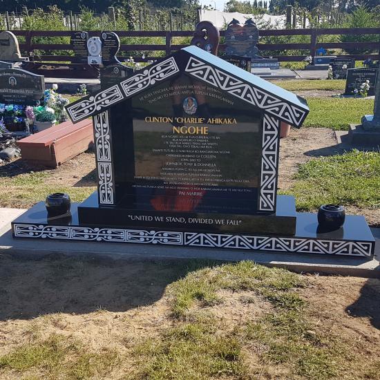 Temple memorial headstone with pacifika designs crafted from granite by Stoneworx - Memorials of Distinction in New Zealand.
