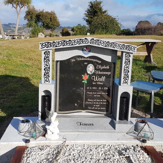 Temple memorial headstone  crafted from granite by Stoneworx - Memorials of Distinction in New Zealand.