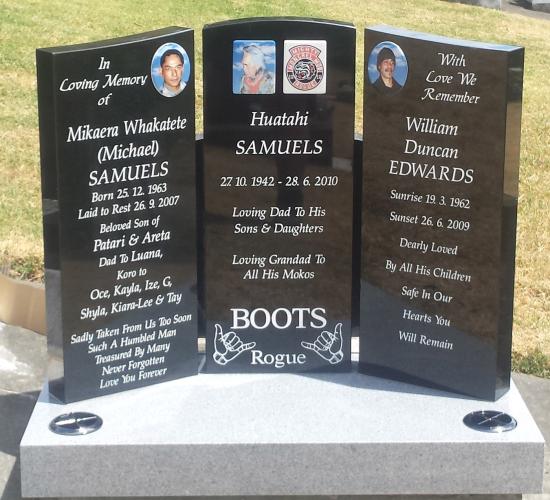 Triple memorial headstone with three panels in a low camber shape crafted from granite by Stoneworx - Memorials of Distinction in New Zealand.
