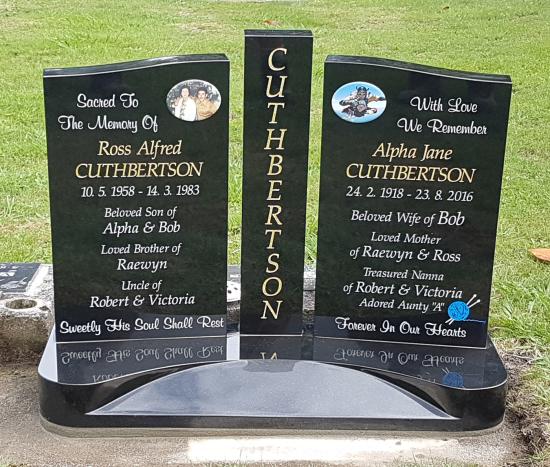 Modern shape upright companion headstone crafted from granite by Stoneworx - Memorials of Distinction in New Zealand.
