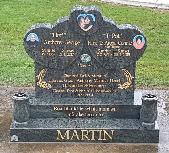 Custom triple heart design headstone crafted from granite by Stoneworx - Memorials of Distinction in New Zealand.