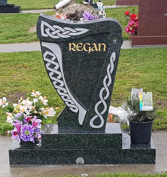 Custom headstone with celtic knot designs crafted from granite by Stoneworx - Memorials of Distinction in New Zealand.
