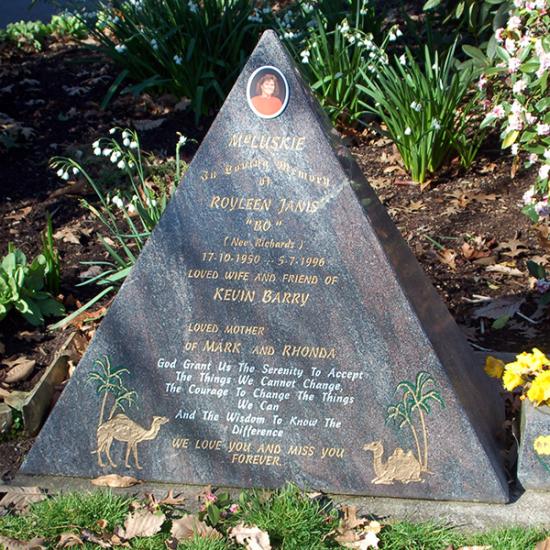 Pyramid shaped custom headstone crafted from granite by Stoneworx - Memorials of Distinction in New Zealand.