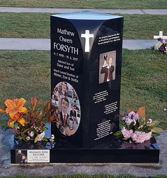 Custom column headstone with photos crafted from granite by Stoneworx - Memorials of Distinction in New Zealand.