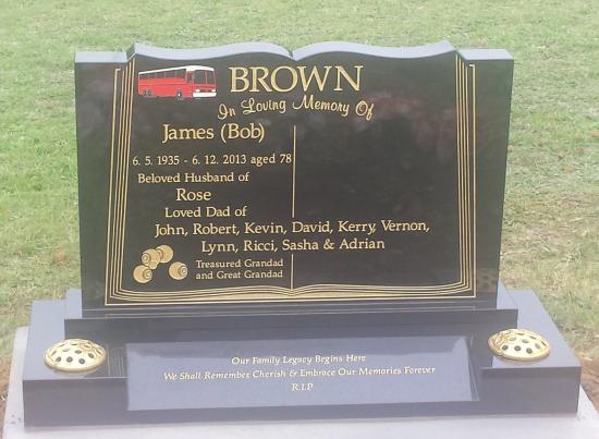Classic upright headstone in the ‘book’ shape crafted from granite by Stoneworx - Memorials of Distinction in New Zealand.