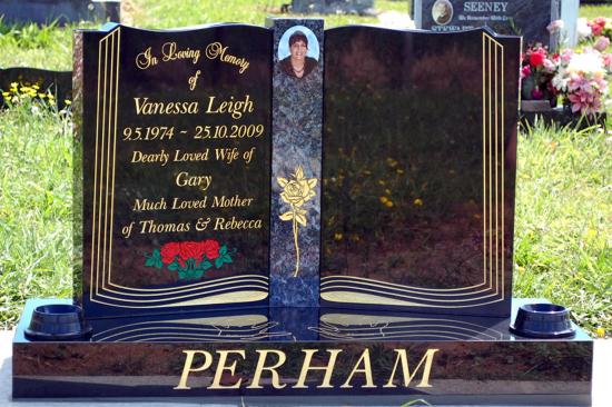 Double companion upright headstone in a book shape crafted from granite by Stoneworx - Memorials of Distinction in New Zealand.