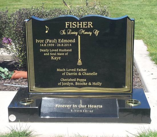 Classic upright headstone in the ‘book’ shape crafted from granite by Stoneworx - Memorials of Distinction in New Zealand.