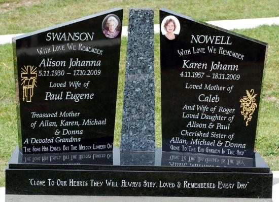 Companion headstone with opposing angled tops and centre pillar  crafted from granite by Stoneworx - Memorials of Distinction in New Zealand.