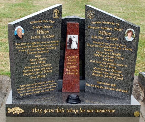 Companion headstone with opposing angled tops and centre pillar  crafted from granite by Stoneworx - Memorials of Distinction in New Zealand.