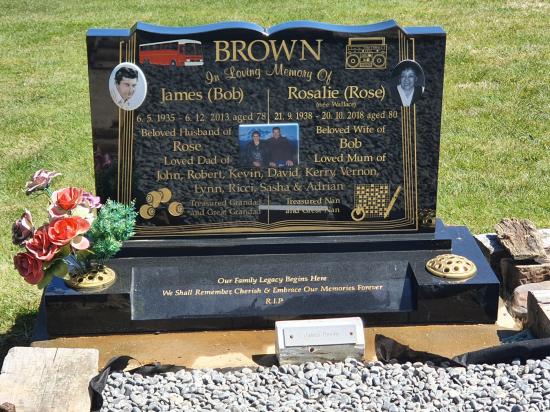 Classic upright headstone in the ‘book’ shape crafted from granite by Stoneworx - Memorials of Distinction in New Zealand.
