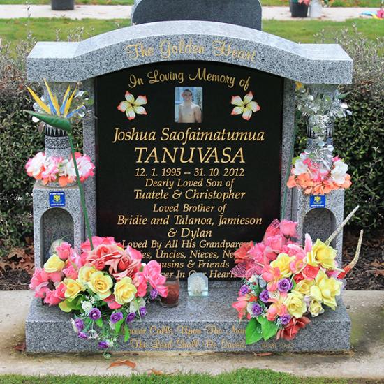 Temple memorial headstone  crafted from granite by Stoneworx - Memorials of Distinction in New Zealand.