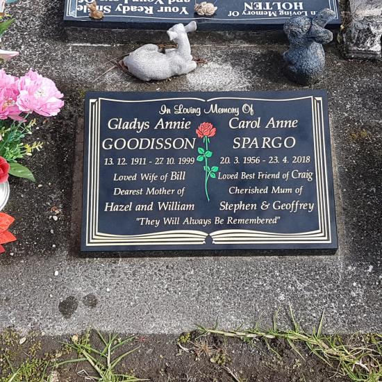 Low rise memorial in classic square shape with a book design crafted from granite by Stoneworx - Memorials of Distinction in New Zealand.